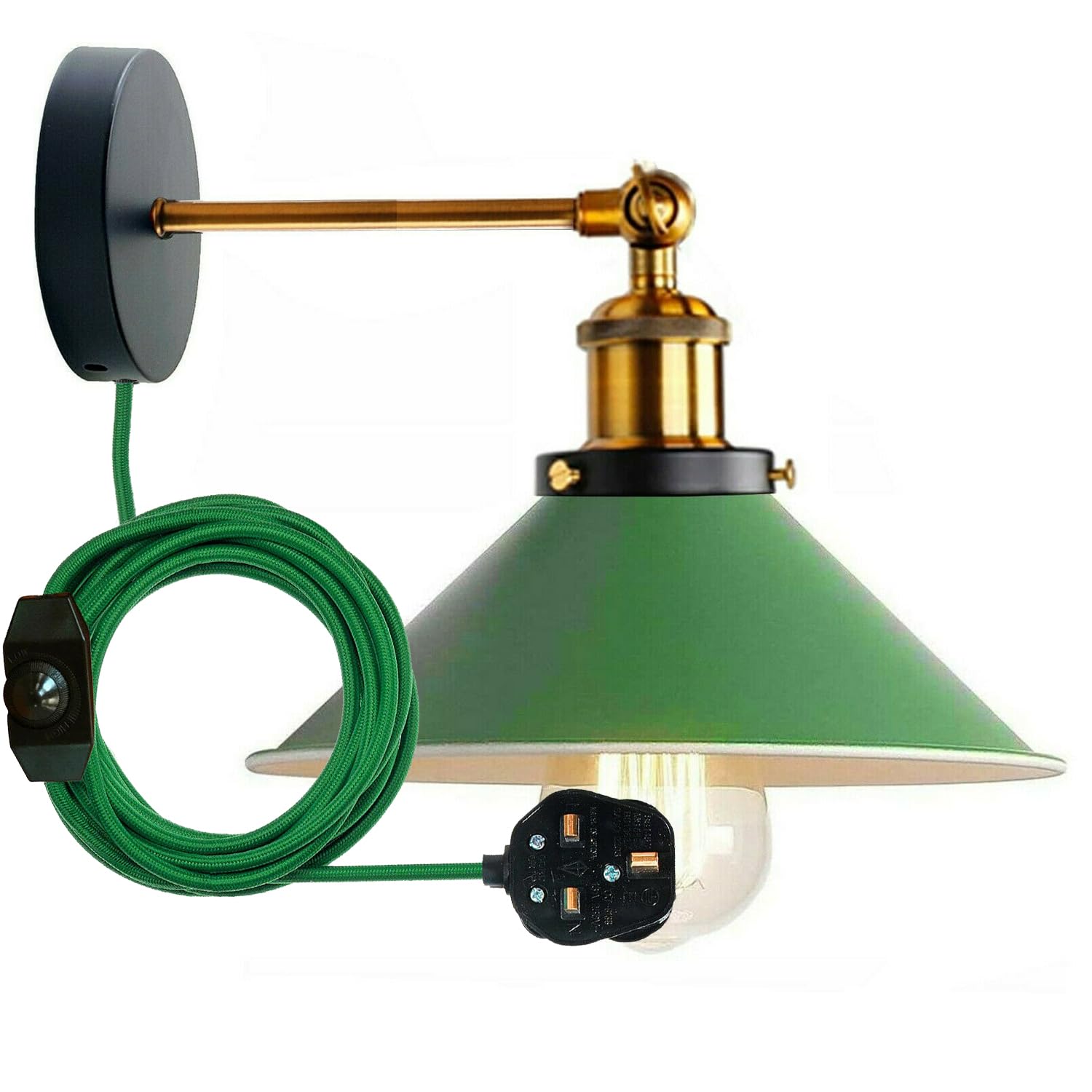Industrial Green Plug in Wall Light Fixture, Vintage 2m Fabric Cable 3 Pin With Dimmer Switch Wall Mounted Sconce Adjustable Arm 180º E27 Base Antique Retro Metal 22cm Shade (Green, With Bulb)