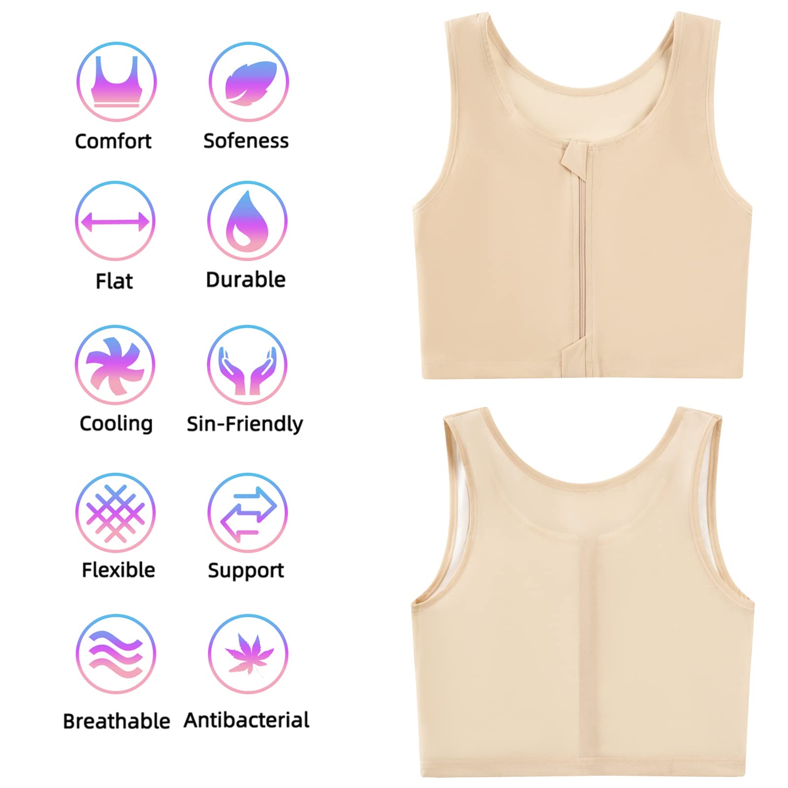 XUJI Transgender FTM Zip Up Atmungsaktives Halbes Brust Binder