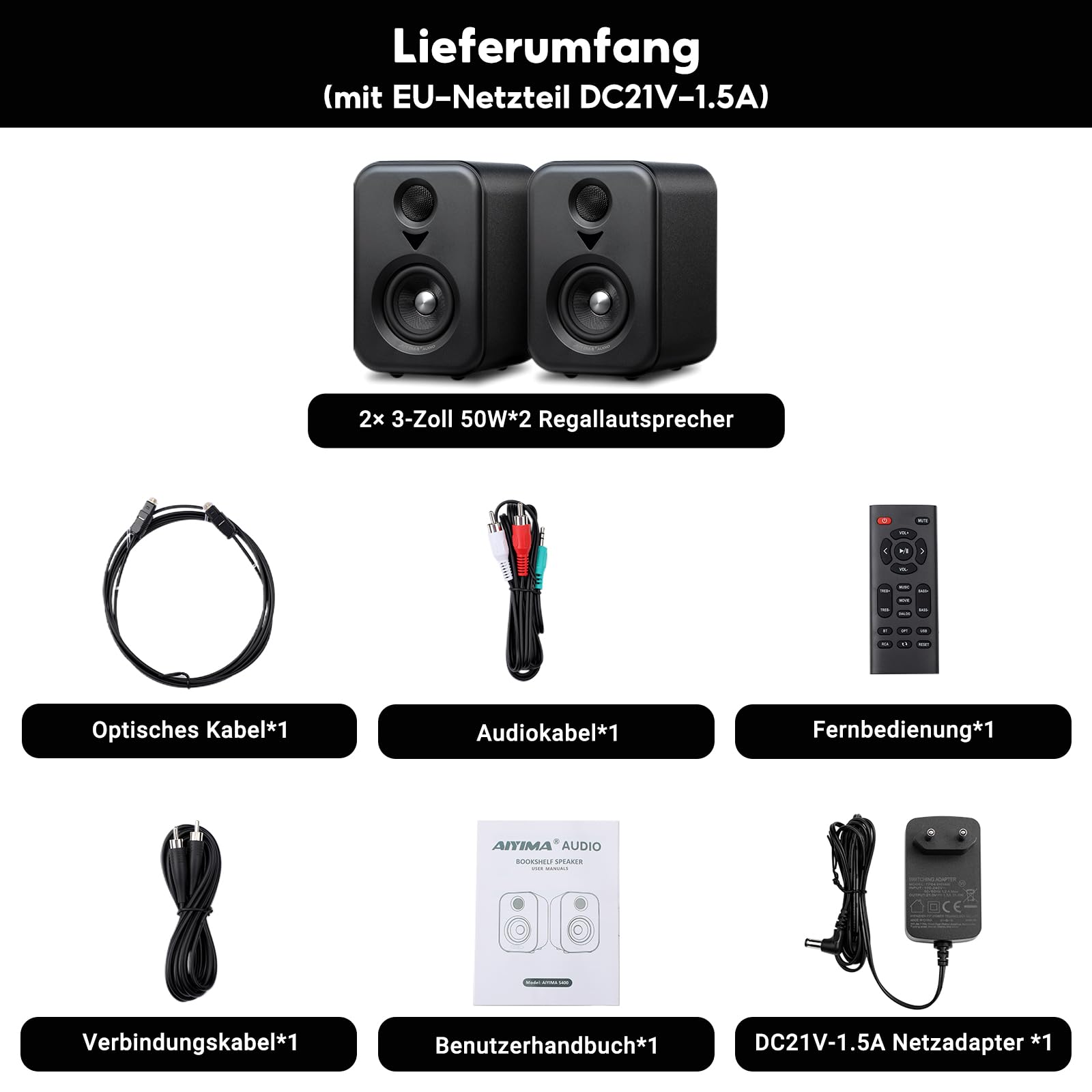 AIYIMA S400 Verbesserte 2.1 Aktiv Regallautsprecher, 3" (7,6 cm) 80 W HiFi Stereo Aktive Lautsprecher, Bluetooth 5.3, Optisch, USB, RCA, Sub-Out, Bluetooth Bookshelf Lautsprecher für PC & Heimkino