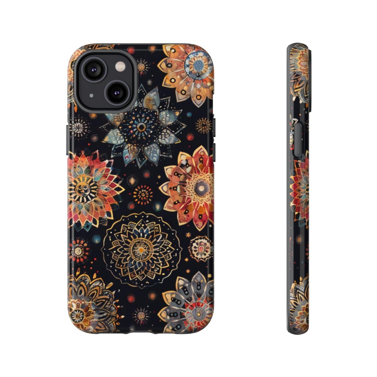 Coque iPhone 14 Plus noire rigide brillante motif mandala - 5