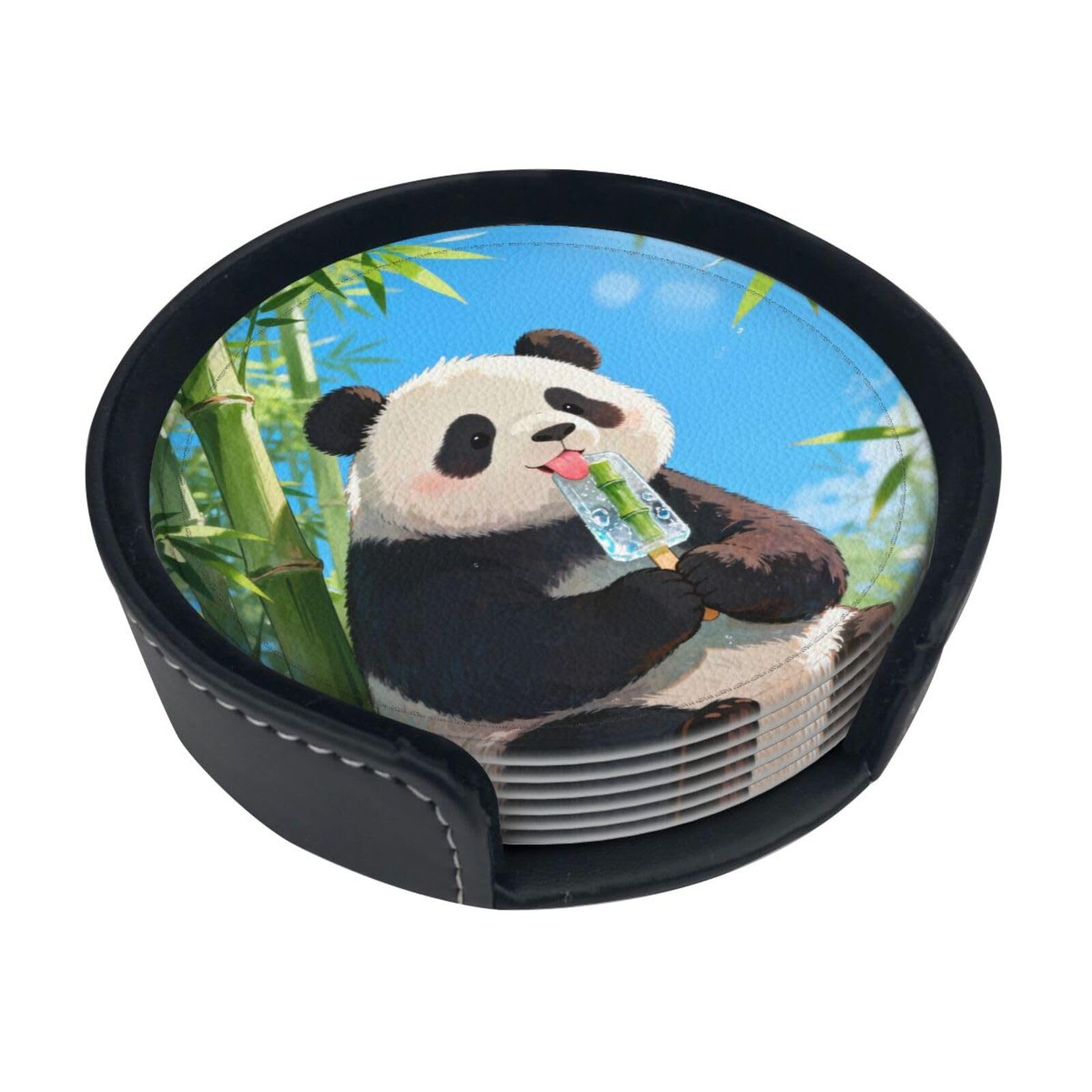 Cntdbu White Panda Bamboo Pop Leather Coasters Set Of 6-Pu Leather Drink Mats For Table, Heat Resistant Round Coasters With Holder