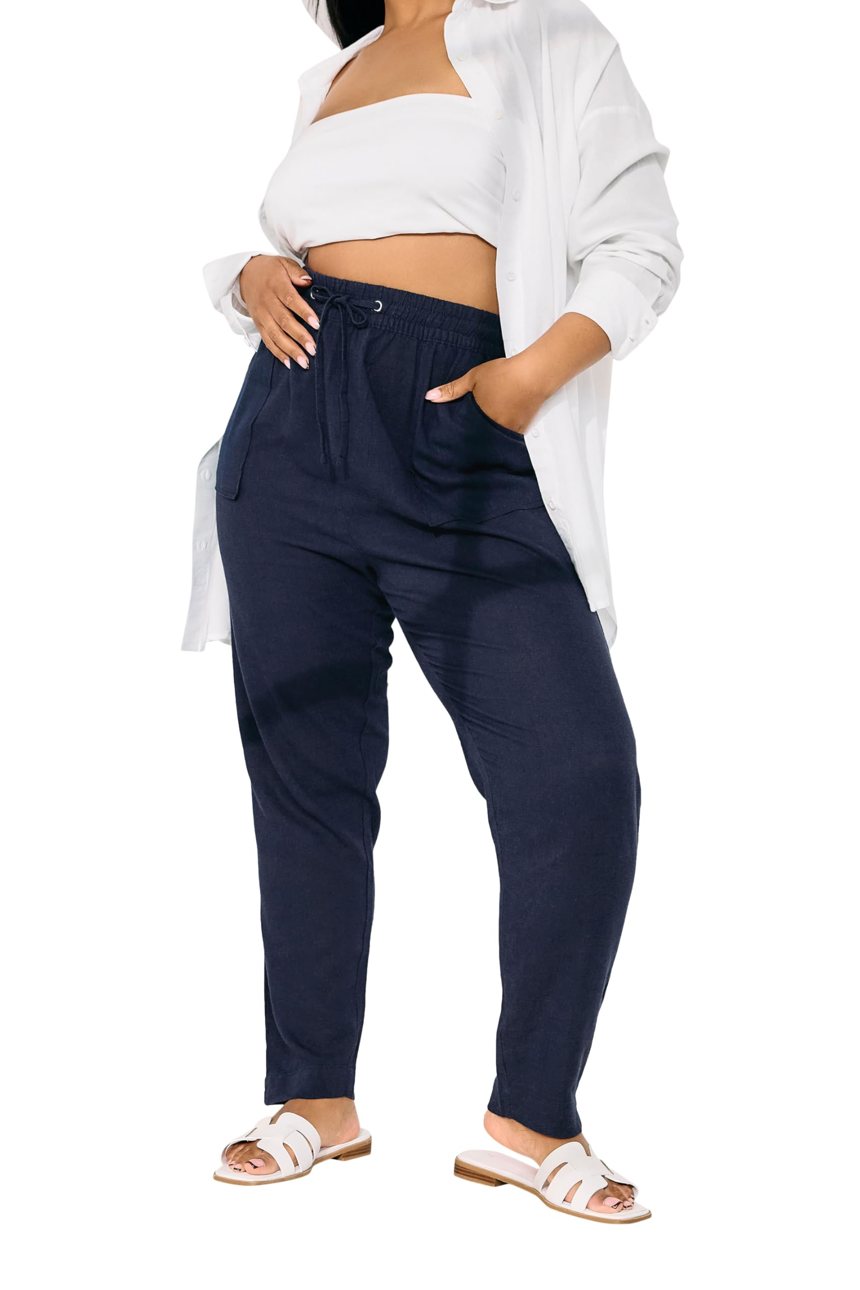 Yours Women's Linen Tie Front Joggers Pants in Dark Navy | Size: 20