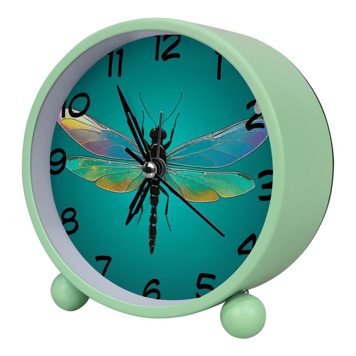 Luoweisi Analog Alarm Clock Green Dragonfly, Silent Non-Ticking with Night Light, Battery Operated, Round Desk Alarm Clock for Office, Bedroom, Elderly, Adults, Children, Student Gifts