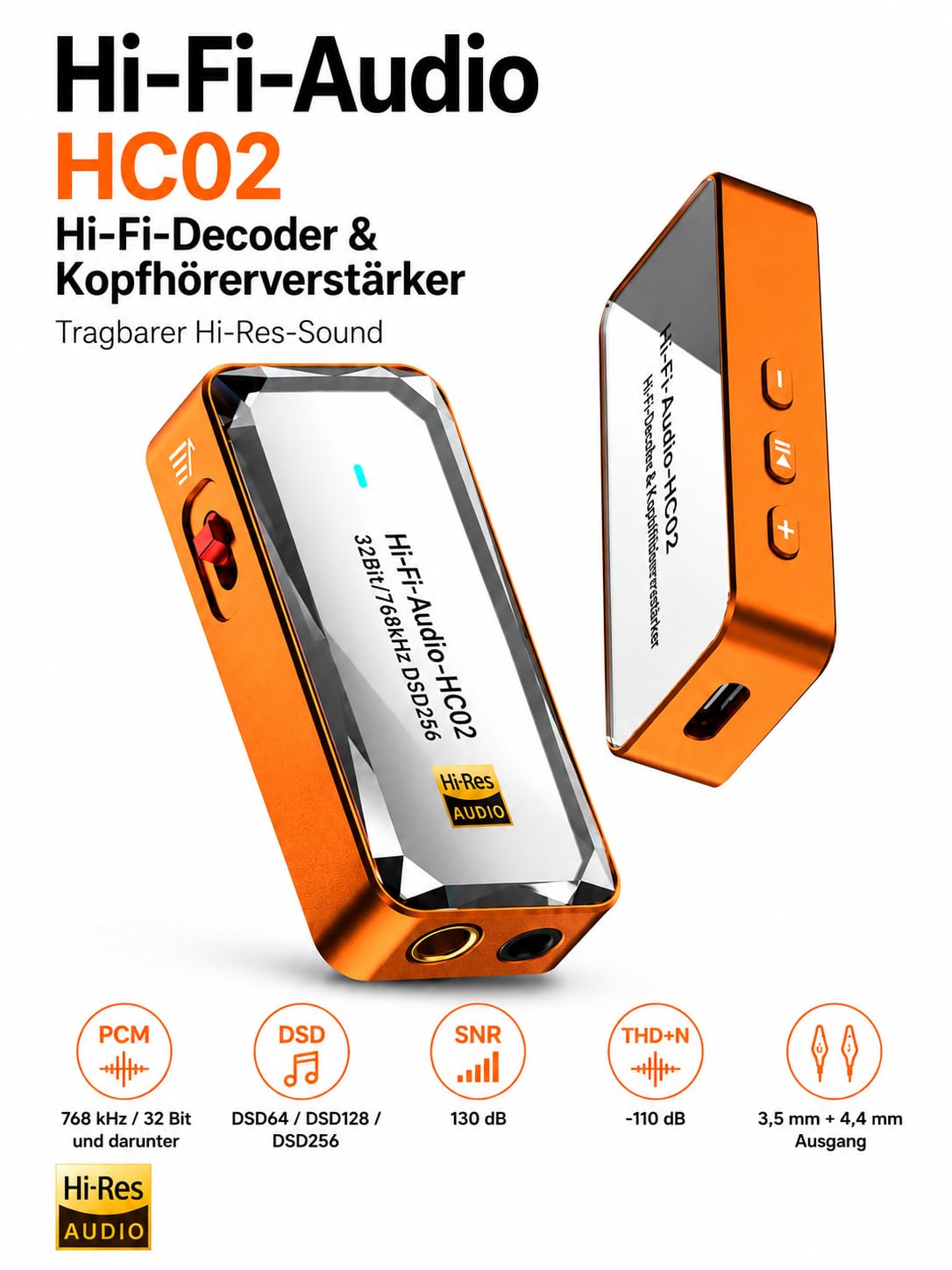 USB-C DAC Kopfhörerverstärker, 3,5 mm und 4,4 mm, HiFi DAC Dongle mit CS43198, 32 Bit/768 kHz, DSD256, tragbarer Audioadapter für Smartphone, Tablet, Laptop und PC, Orange