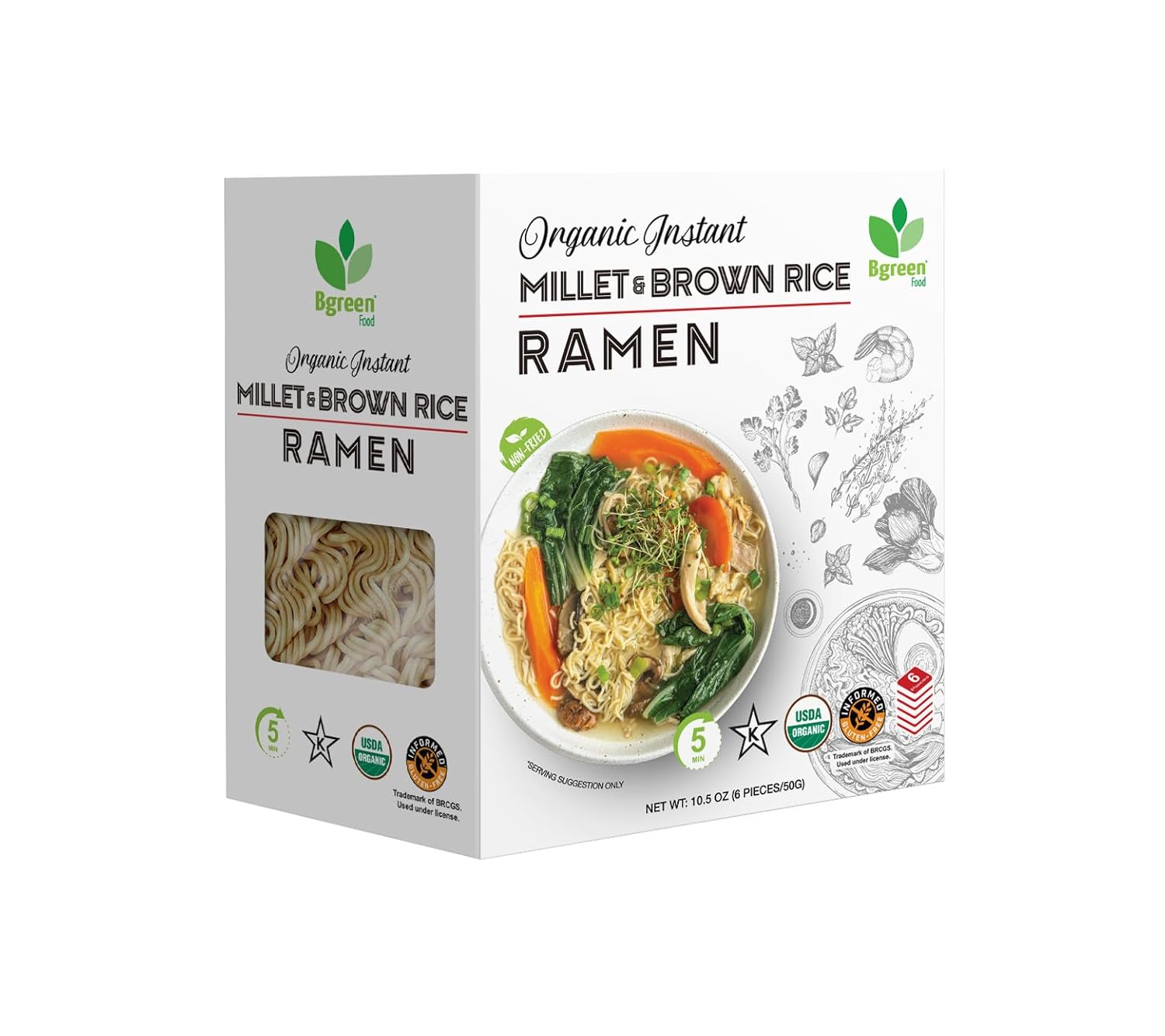 Big Green Organic Food - Organic Instant Millet & Brown Rice Ramen, USDA Organic, Add Directly to Broth, Ready to Eat Meals, Air-Dried, Non-Fried (12 Box)