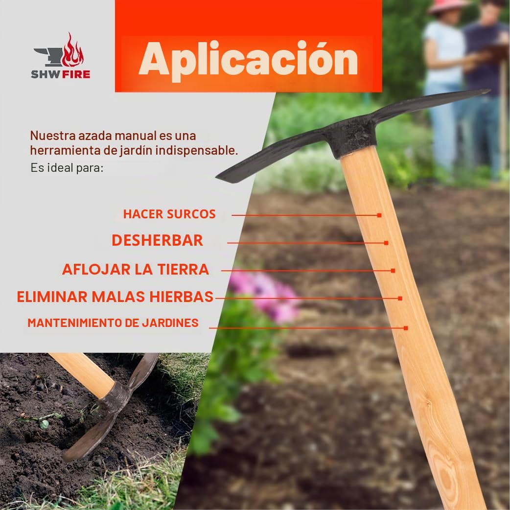Azada de mano, azada forjada estable para el jardín, hoja ancha y corazón, mango ergonómico corto de 40 cm de SHW-FIRE