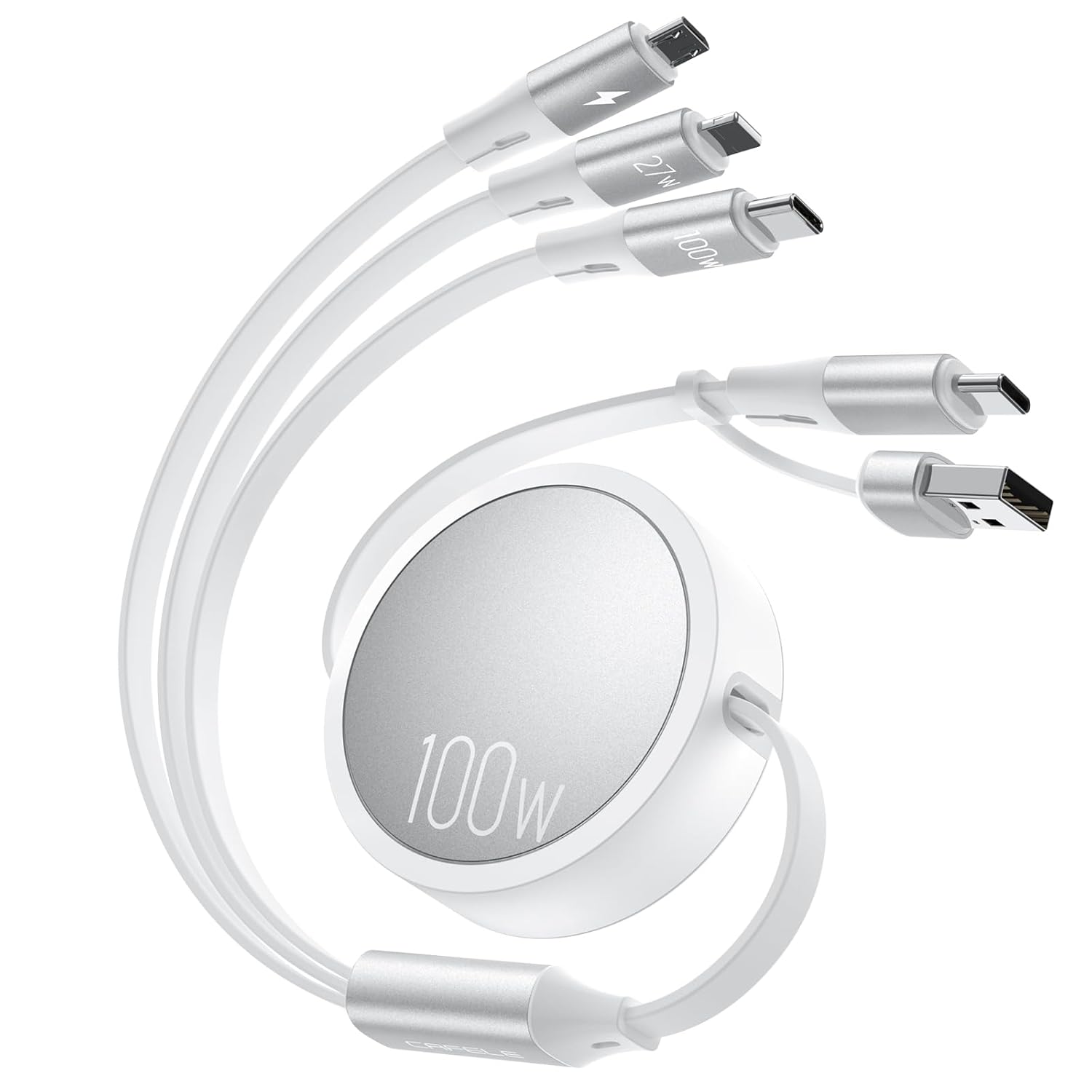 CAFELE 100W Multi Charging Cable, 6-in-1 Retractable USB C/A Cable, 5A Fast Charger Cord for Multiple Devices with Type C/L/Micro Ports for Phone 17 16 15 14 Pro Max, S24/S23, MBook, Pad (3.6ft) White