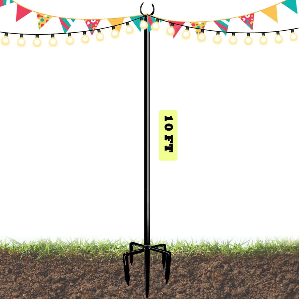 10ft String Light Poles for Outdoors, Outside Light Poles with 5-Prong Base, Suit for Garden, Backyard, Patio, Outdoor Lighting, Matte Black, 1 Pack