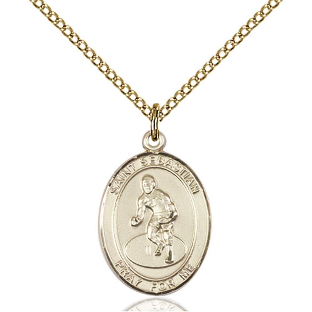 Bonyak Jewelry Saint Medal Collection Custom Engraved Gold Filled St. Sebastian/Wrestling Pendant 3/4 x 1/2 inches with Gold-Filled Lite Curb Chain