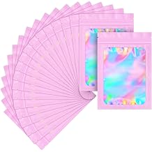 100 Pack Mylar Bags Holographic Smell Proof Packaging Bag for Small Bussiness resealable Zipper sealable Pouch Bags Sample, Jewelry, Lipgloss, Food,soap,Electronic Supplies57 inch,Pink