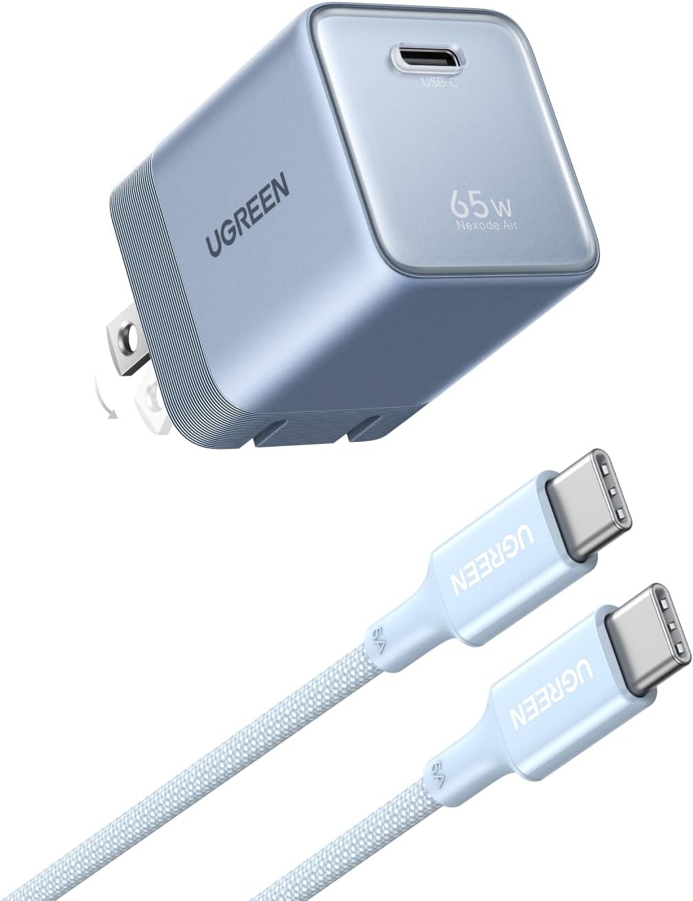 Nexode Air 65W USB C GaN Charger Block with 3.3ft Cable, Blue | Mini Size(1.22×1.30×1.59''), Foldable Plug, Fast Charging for MacBook Air/Pro, iPhone 17/16, Galaxy S26/S25, iPad, Steam Deck