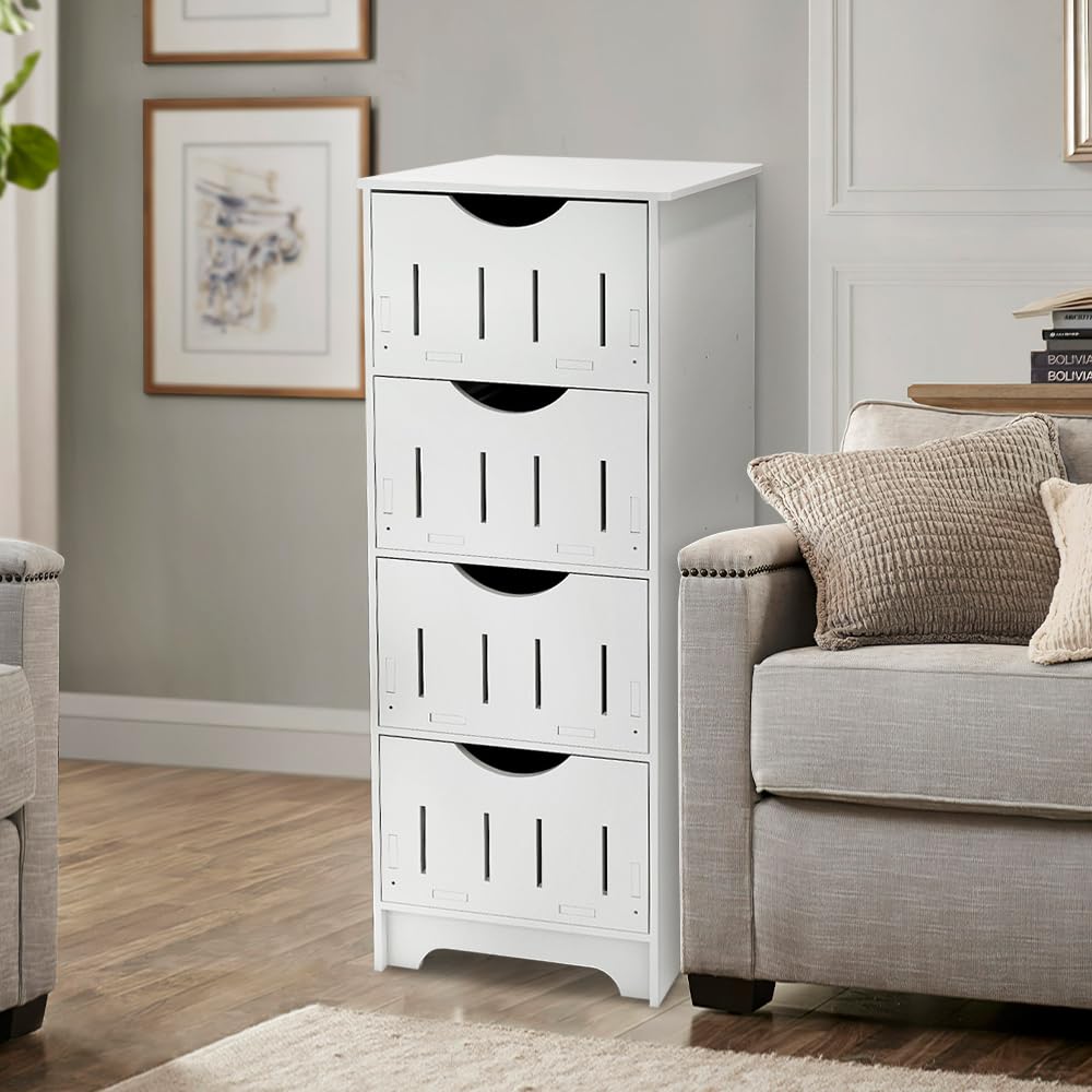 HUOLE Armario de Suelo para Baño, Armario de Almacenamiento, Armario de Pie, con 4 cajones MDF, para Baño, Sala de Estar, Comedor, Cocina, Estilo Moderno-30 * 30 * 82cm-Blanco