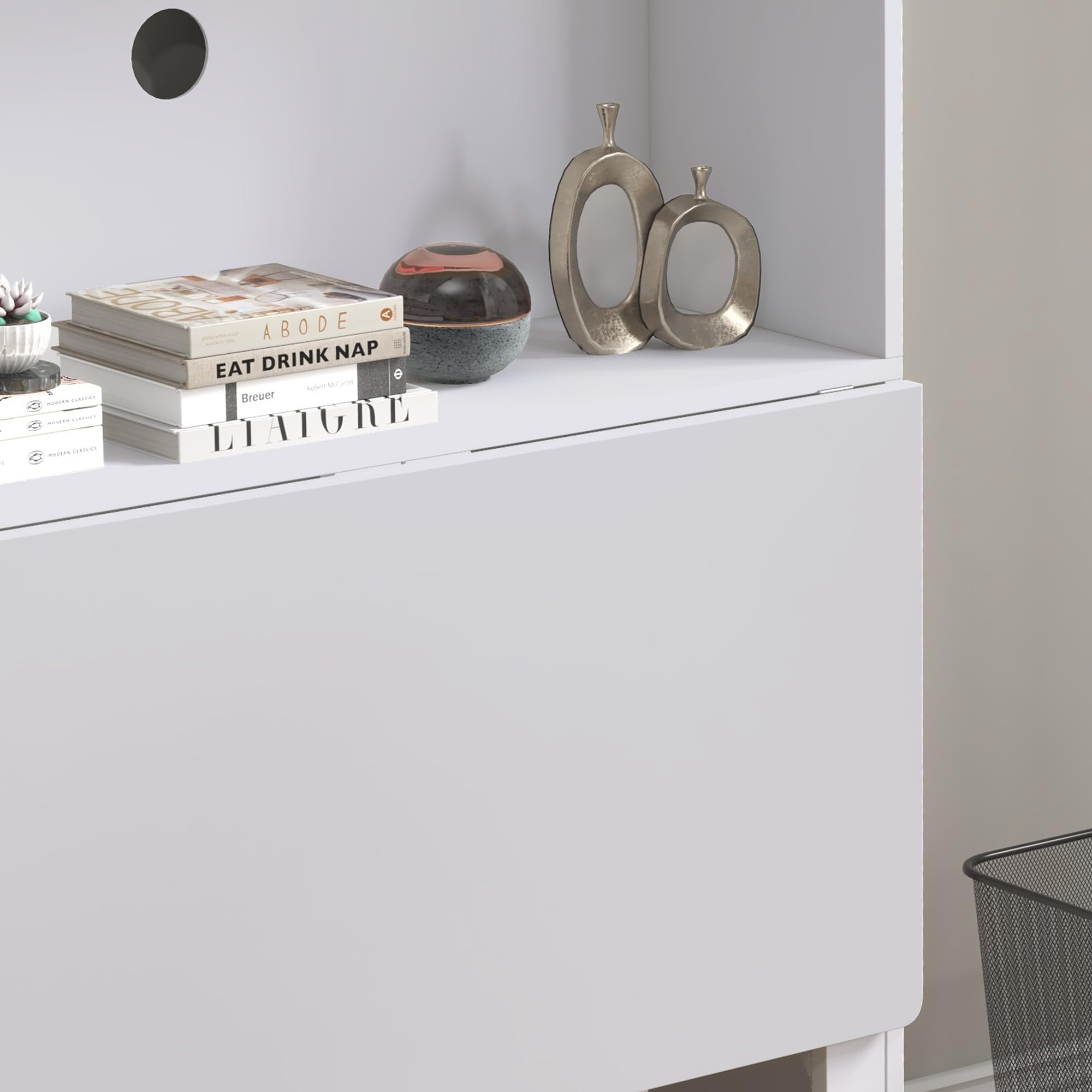 HOMCOM Scrivania con Libreria, Piano Pieghevole, 80x69x155 cm, Bianco | 2 Ruote e 4 Ripiani, Scrivania Salvaspazio Moderna con Foro Passacavi, Tavolo per Computer, Casa Ufficio Studio