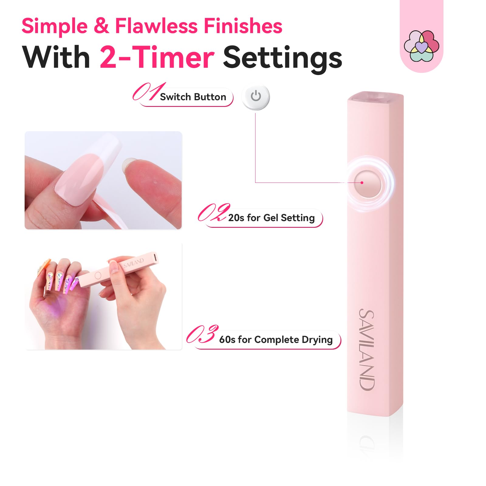 SAVILAND U V Light for Gel Nails 10s Ultra-Fast Curing: U V Nail Lamp 2025 Handheld LED Nail Lamp 180mAh Rechargeable Cordless Nail U V Light 20s/60s Dual Timers for Gel Polish 3D Nail Art Pink - Image 4