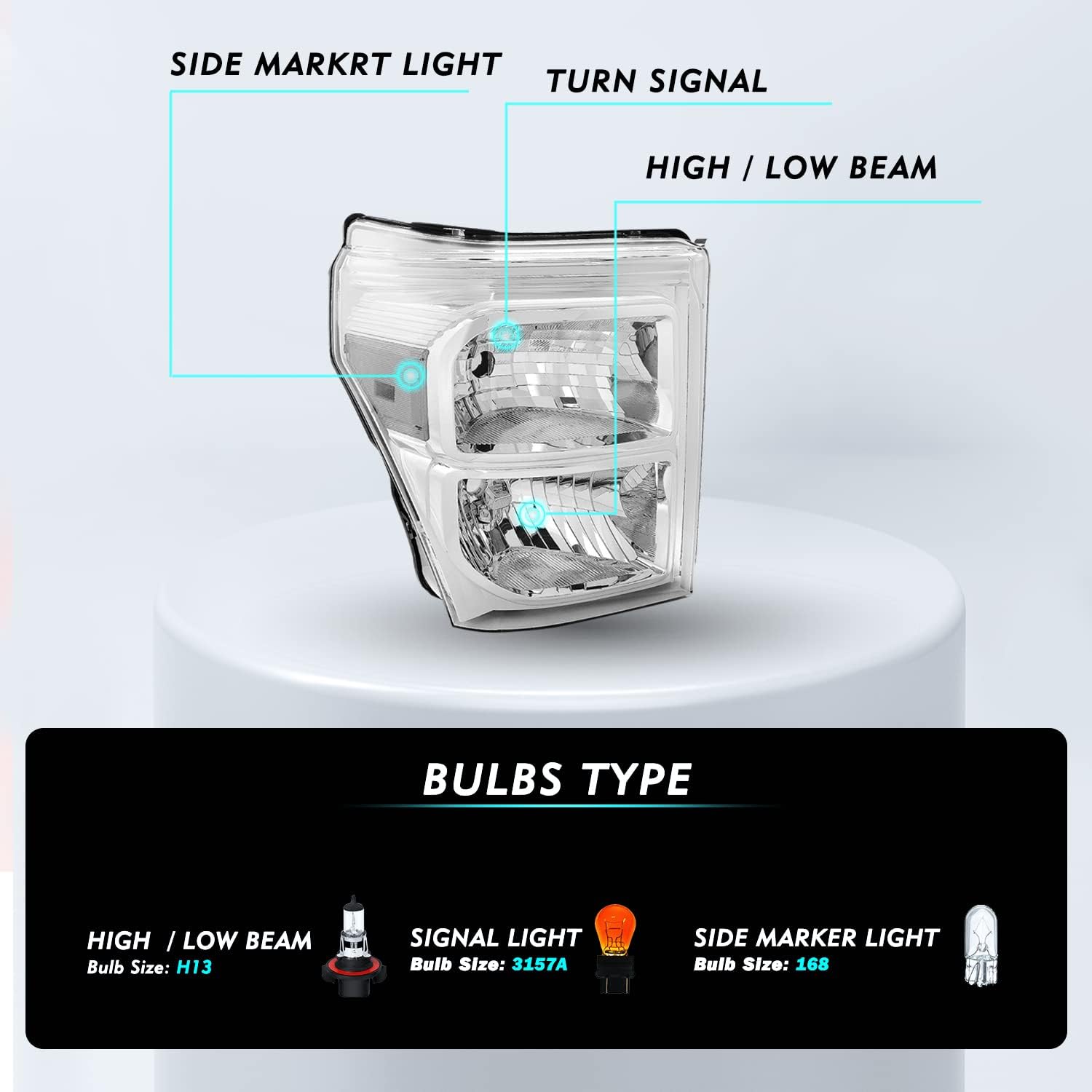 Headlight Assembly Set for 11-16 Ford F-250 F-350 F-450 F-550 Super Duty (Chrome Housing with Clear Reflector)