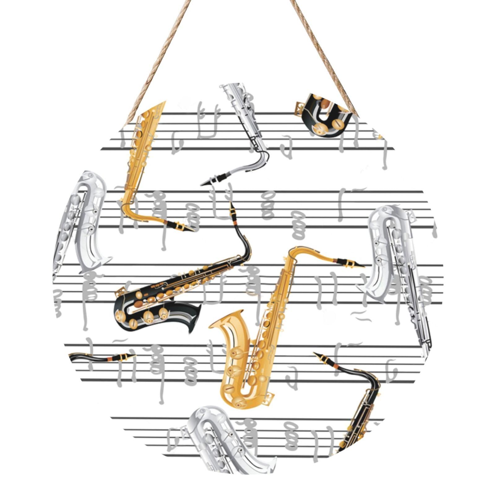 InOmak Music Notes Saxophones, Round Wood Panel Painting 12 in, Wall Hanging Painting For Home