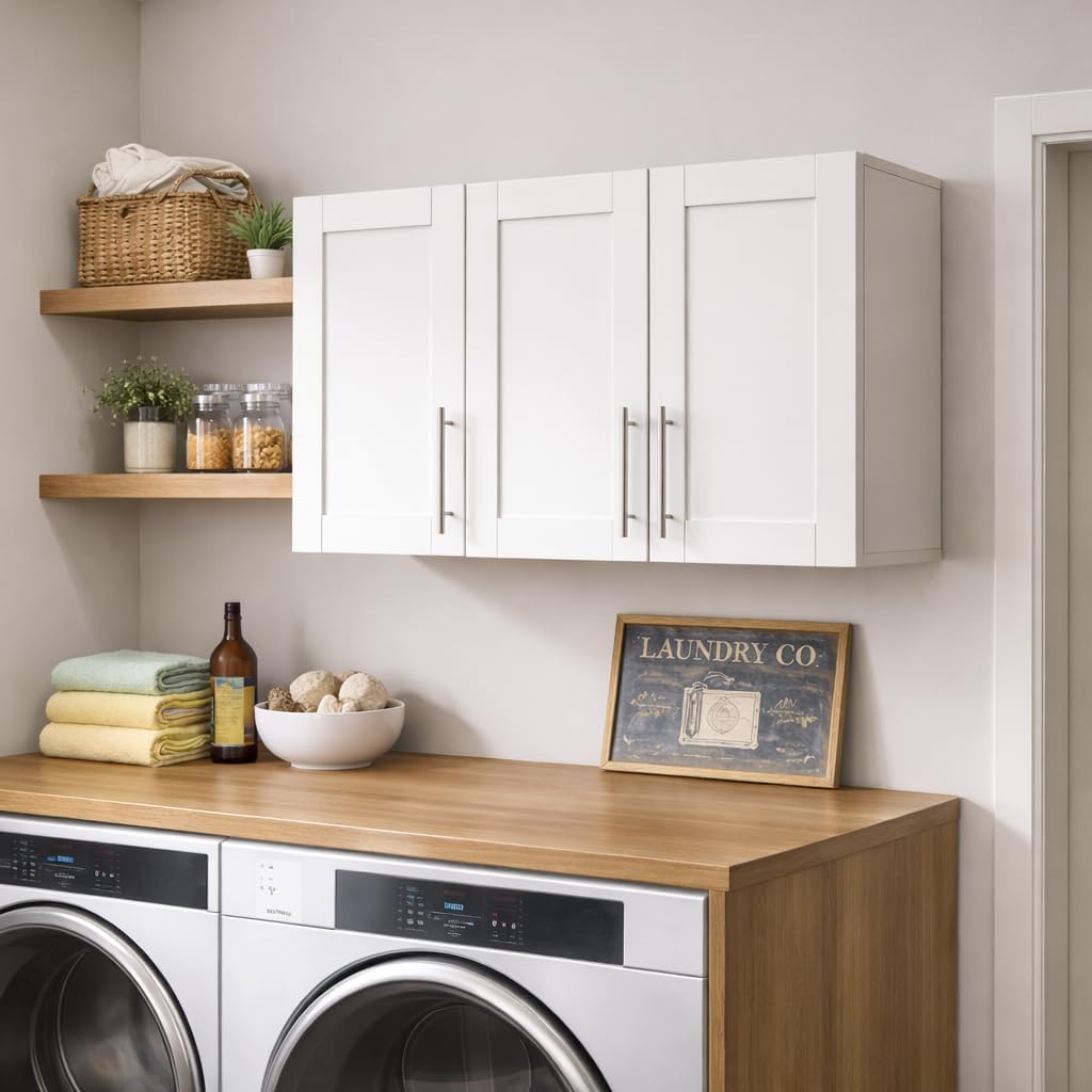 Laundry Room Cabinets Deep Kitchen Cabinet Wall Mounted Storage Cabinet 35.4" W White Shaker Wall Cabinet with Adjustable Shelf, Bathroom Wall Cabinet