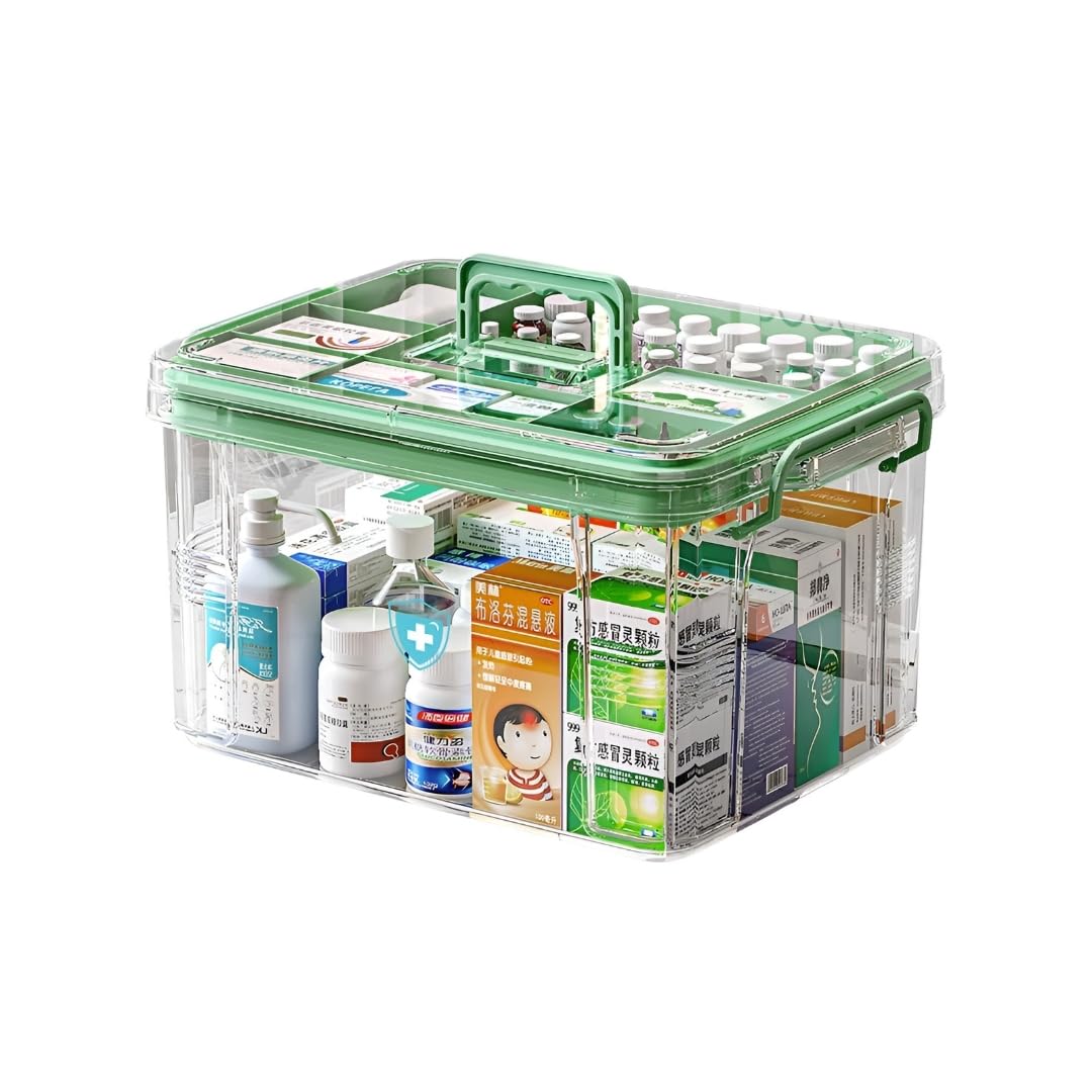 HoopVool® Clear Plastic Medicine Storage Box Organizer, Family Emergency Kit with Removable Pill Case Portable Lockable Container for, Art Craft and Cosmetic Household Organizer (Green, Small)