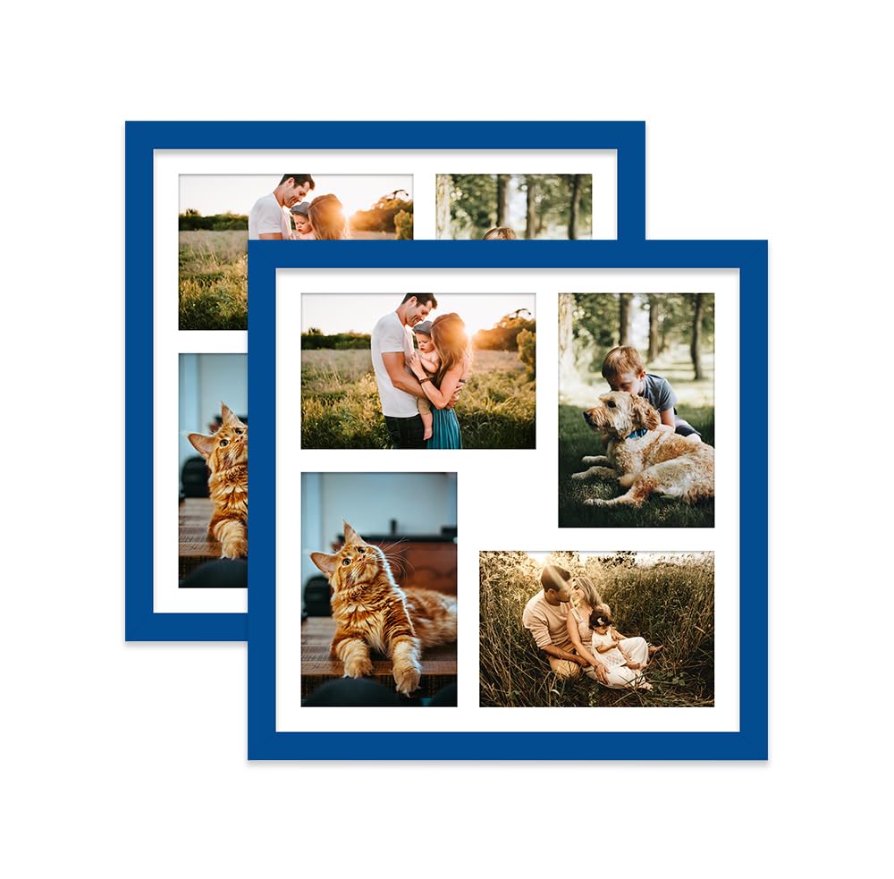 Blue Multi Photo Frame - Holds 4 x 6x4 Pictures, Family Collage Picture Frame for Wall Display, 12x12 Frame size, Set of 2