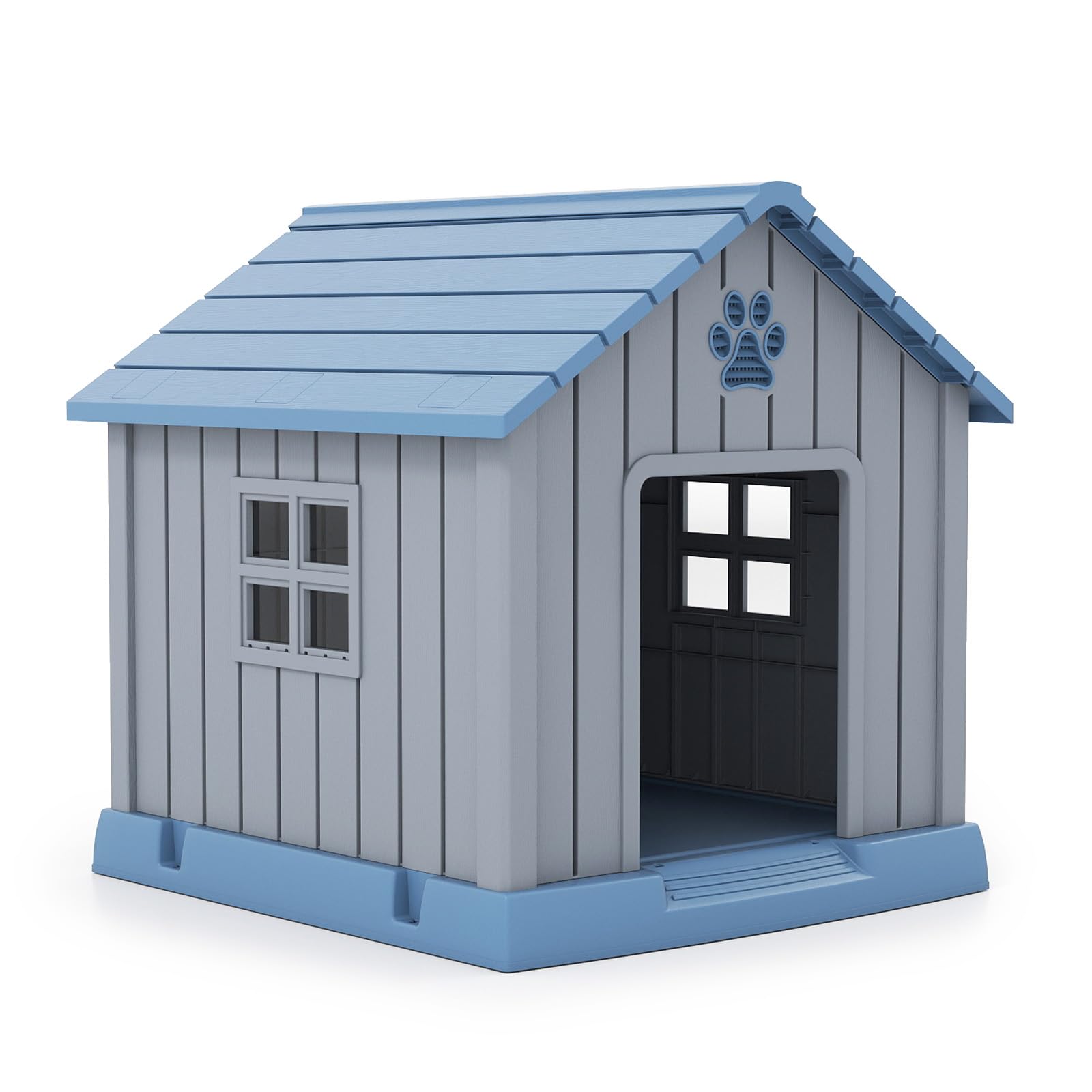 GOPLUS Caseta para Perros de Tamaño Pequeño y Mediano, Casa para Perros de Plástico con Techo Inclinado, Buena Ventilación y Piso Elevado, Perrera para Mascotas Adecuado para Interior y Exterior