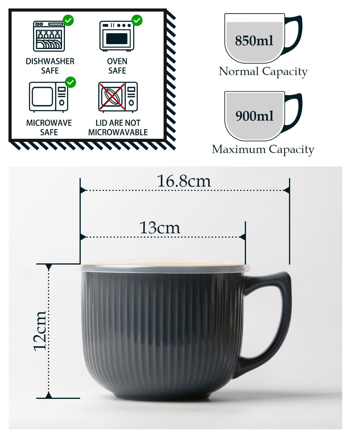 NUTRIUPS Mikrowellen Keramik Suppenschüssel mit Henkel, 900ml Suppentassen mit Henkel, Kaffeetasse Groß