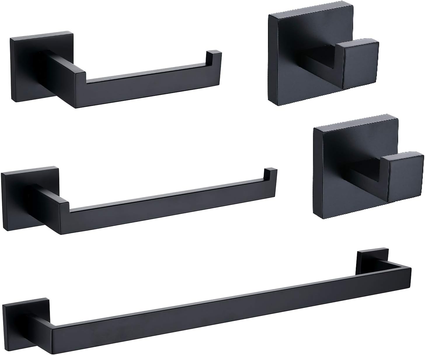 TASTOS 5-Pieces Matte Black Bathroom Hardware Set, Premium Stainless Steel Square Wall Mounted-Includes 23.6 Inch Towel Bar, Toilet Paper TP Holder, 9 Inch Towel Holder, 2 Robe Towel Hooks