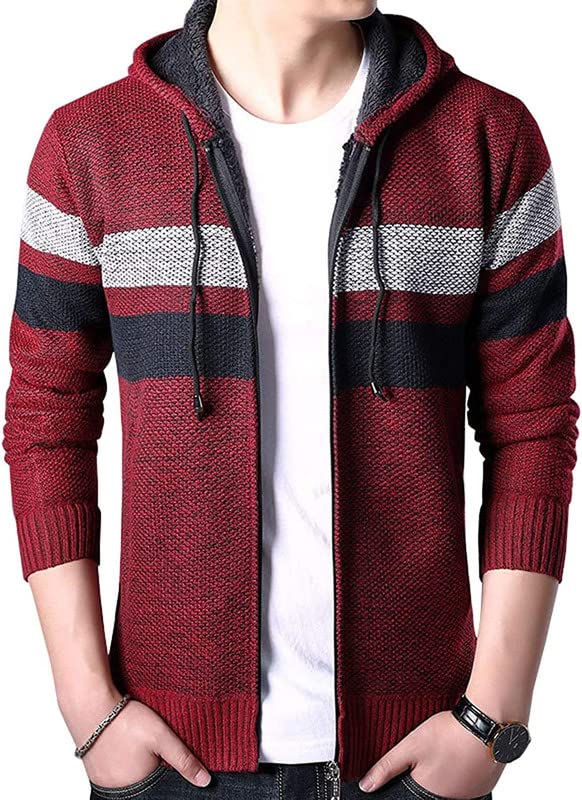 Shanghai Story Men's Warm Sherpa Lined Knit Striped Hoodie Thicken Cardigan Sweater Jacket4