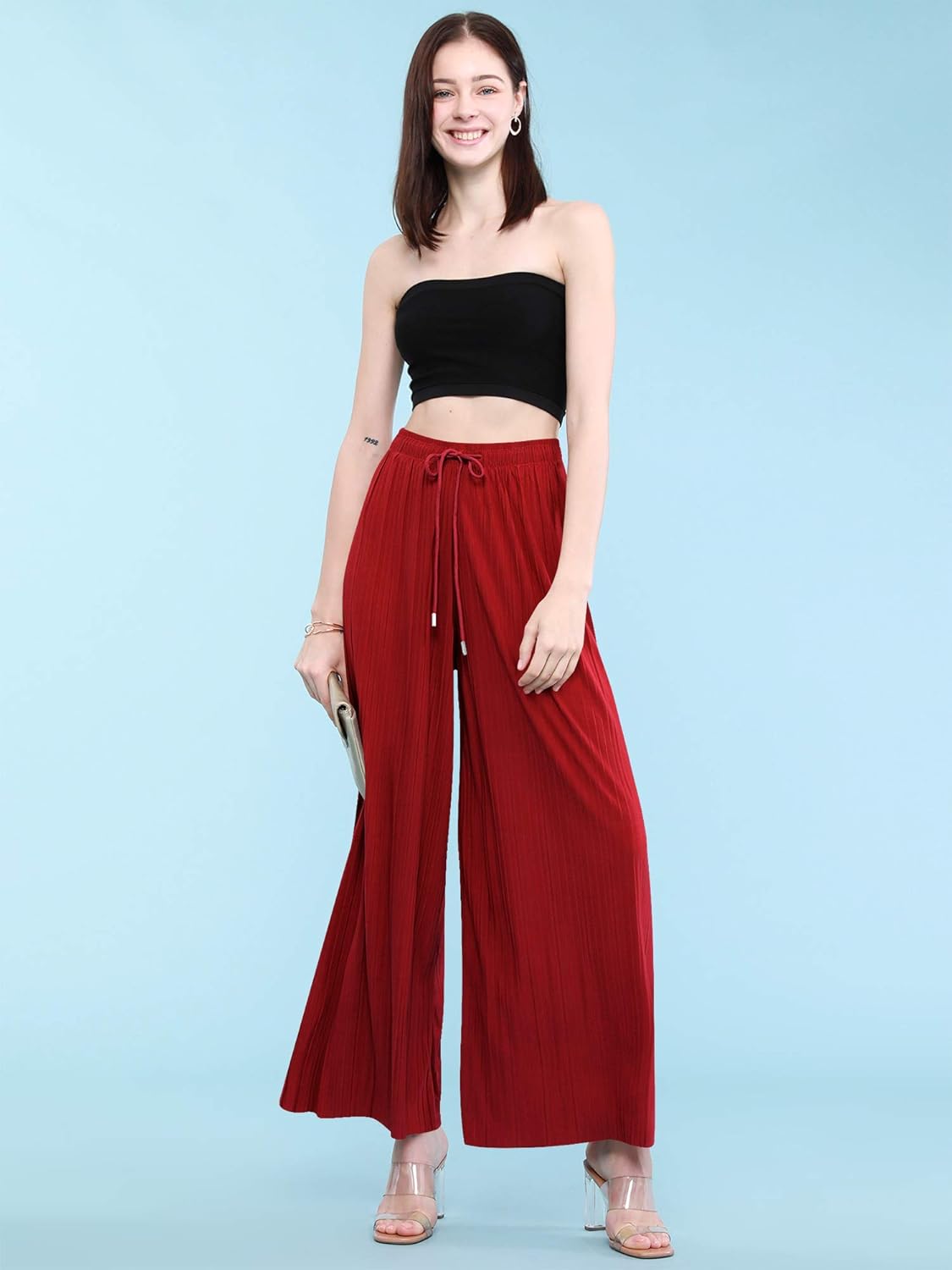 Lock and Love Womens Pleated Wide Leg Palazzo Maxi Pants with Drawstring or Elastic Band - Image 5