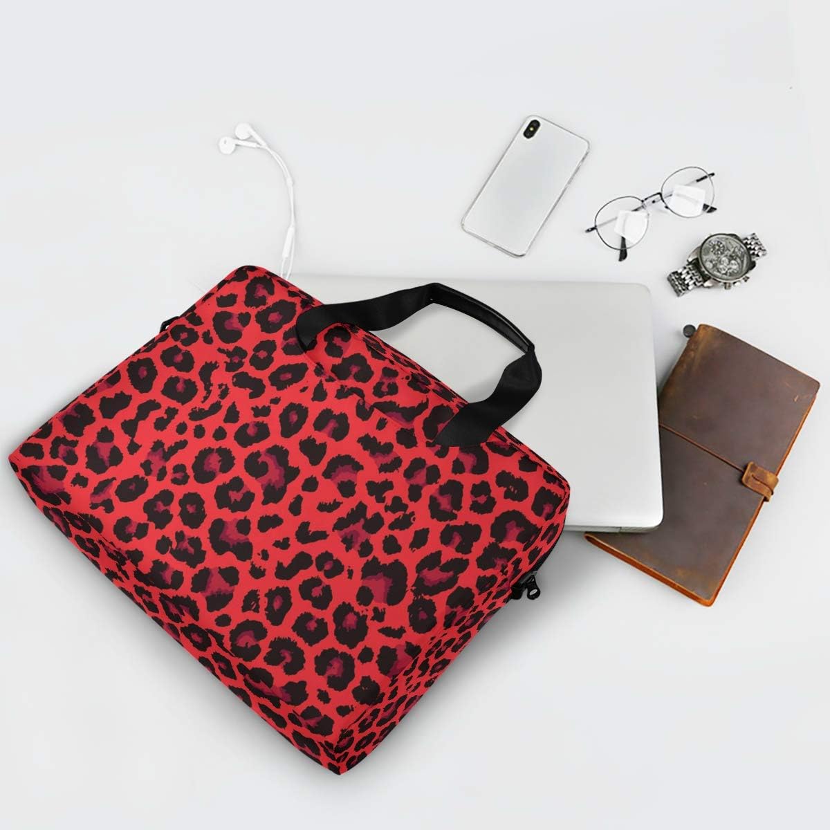 ALAZA Red Leopard Print Cheetah Laptop Case Bag Sleeve Portable Crossbody Messenger Briefcase w/Strap Handle, 13 14 15.6 inch