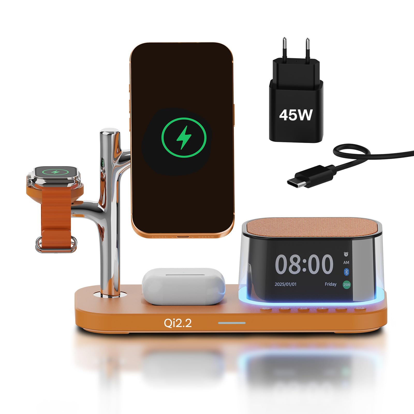 Chargeur sans Fil 5-en-1 MMOBIEL avec Réveil, Haut-Parleur Bluetooth & Veilleuse LED pour iPhone, Apple Watch & AirPods - Orange Cosmique
