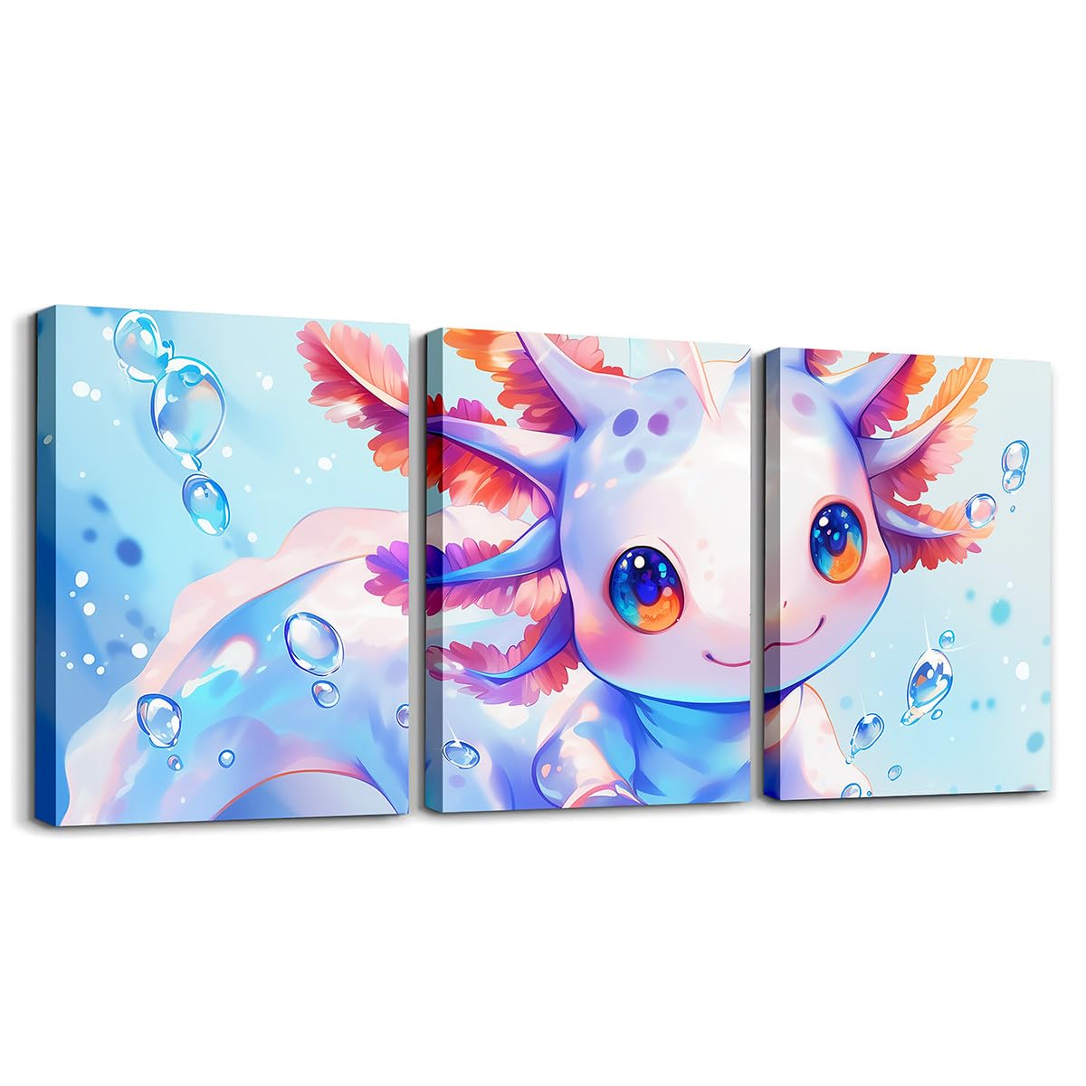 Homemissing 40X30cmx3pcs Cute Axolotl Canvas Wall Art for Living Room Bedroom Boys Girls Blue Cartoon Salamander Picture Wall Decor For Kids Kawaii Ocean Sealife Office Decorations Artwork Posters
