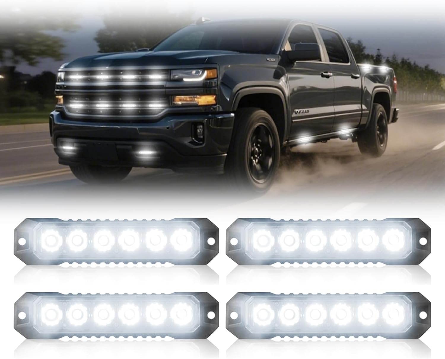 4PCS 6-LED Emergency Strobe Grille Lights, Surface Mount 12V-24V LED Strobe Hazard Caution Lights Warning Flashing Lights for Vehicles, Trucks, Car, ATV, UTV, Bus, Tow, SUV, White