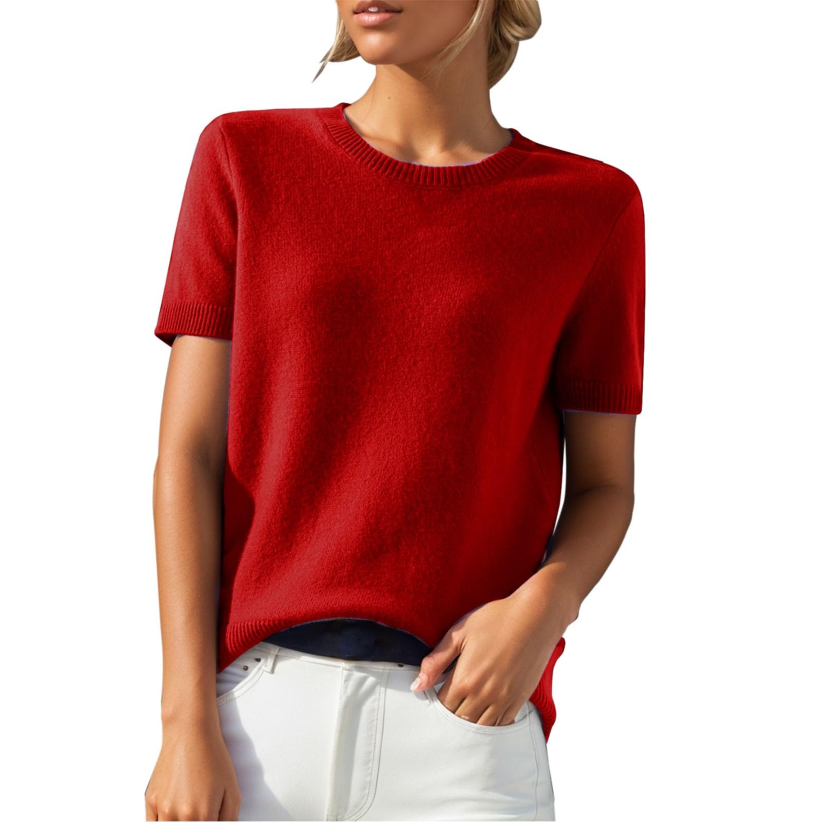 Cashmere Sweaters for Women Fashion Lightweight Crew Neck Short Sleeve Sweater Tops Casual Loose Cute Shirts Pullover