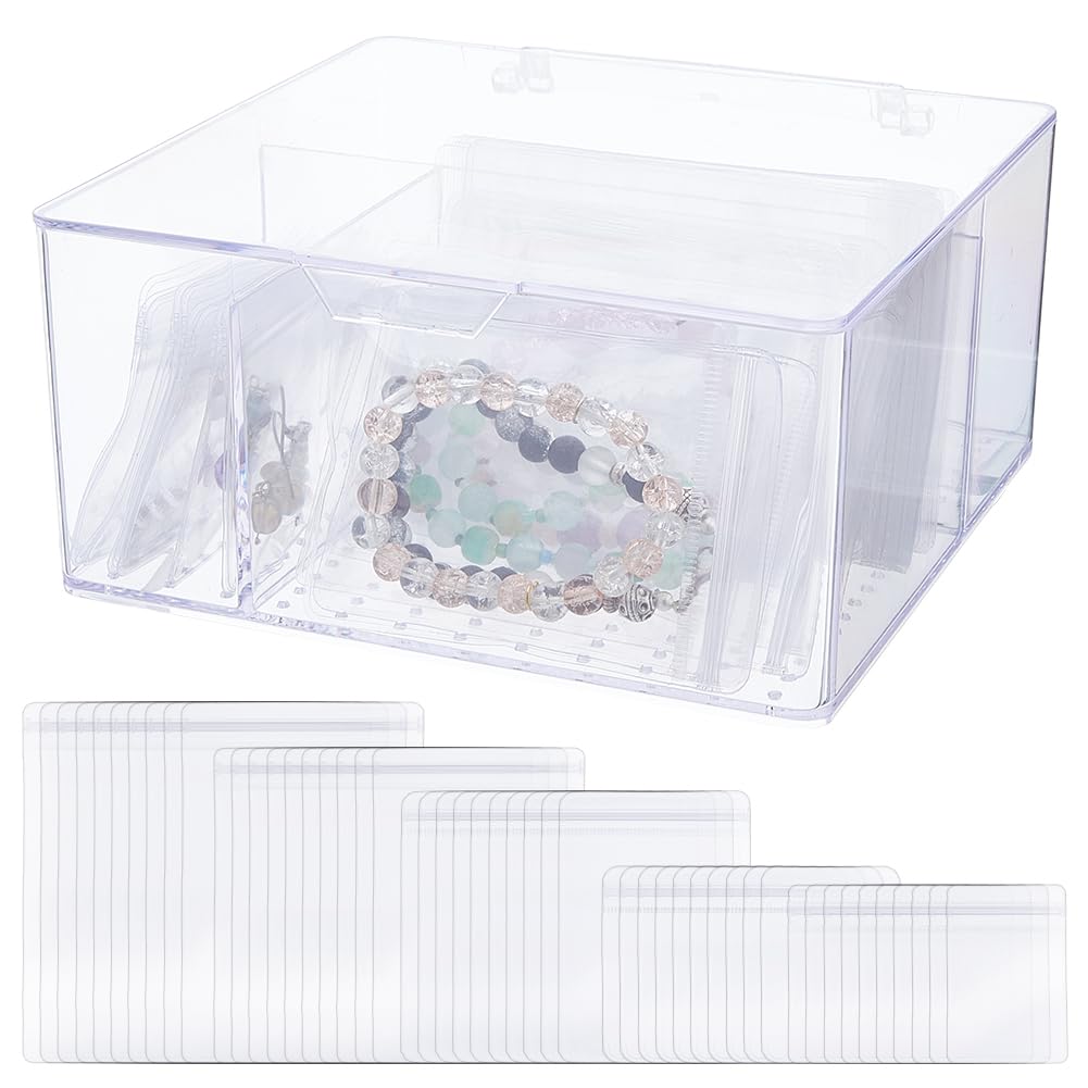 SUPERFINDINGS Schmuckschatulle Aus Acryl Mit 80 tragbaren Anlaufgeschützten Schmuckbeuteln Transparenter Schmuckaufbewahrungsschublade Organizer Etui Für Ohrringe Ringe Armbänder Halsketten