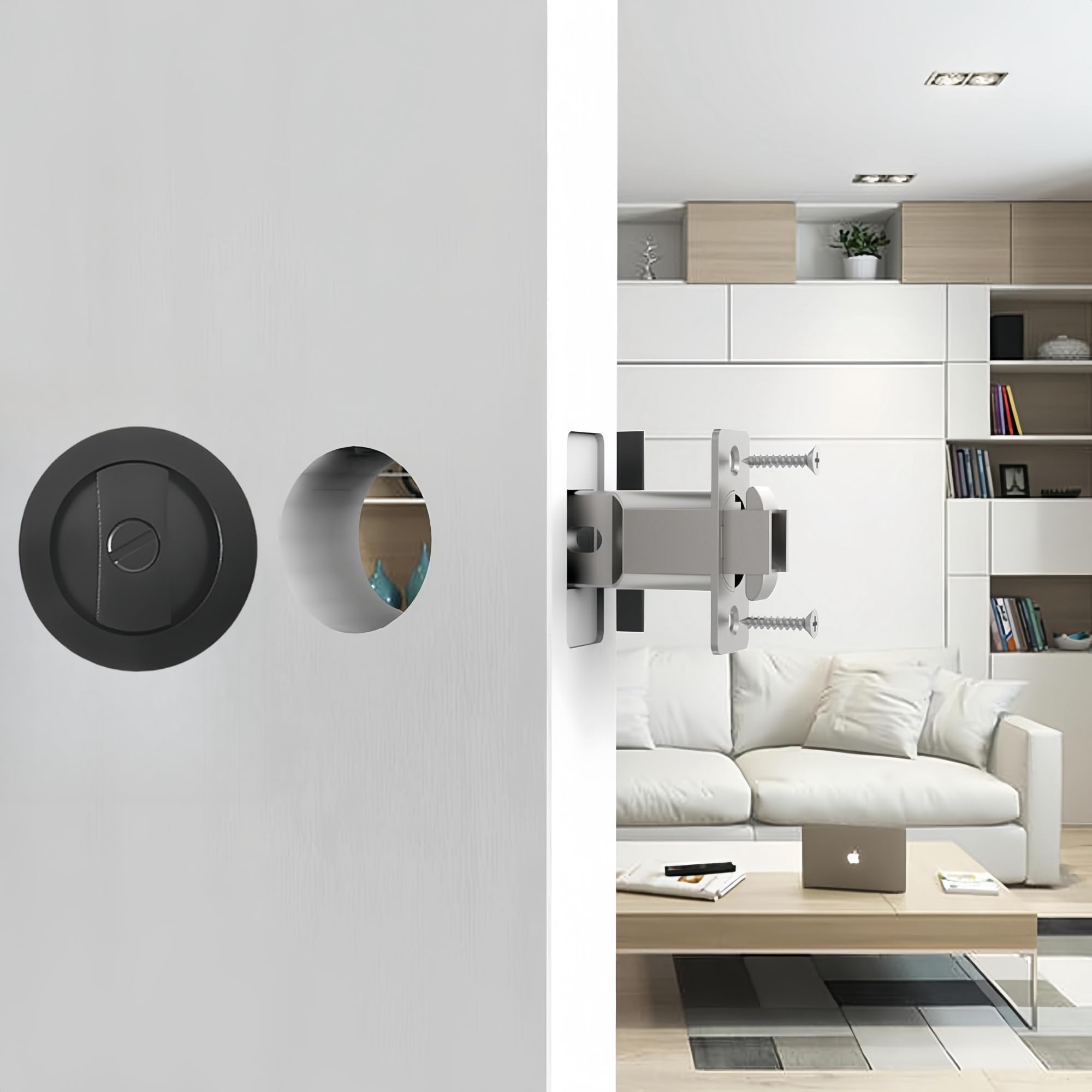 Pocket Door Lock,Privacy Square Pocket Door Hardware,Invisible Sliding Door Lock Keyless(2-3/8" Backset),Flush Pocket Door Locks (Matte Black Round) - Image 3