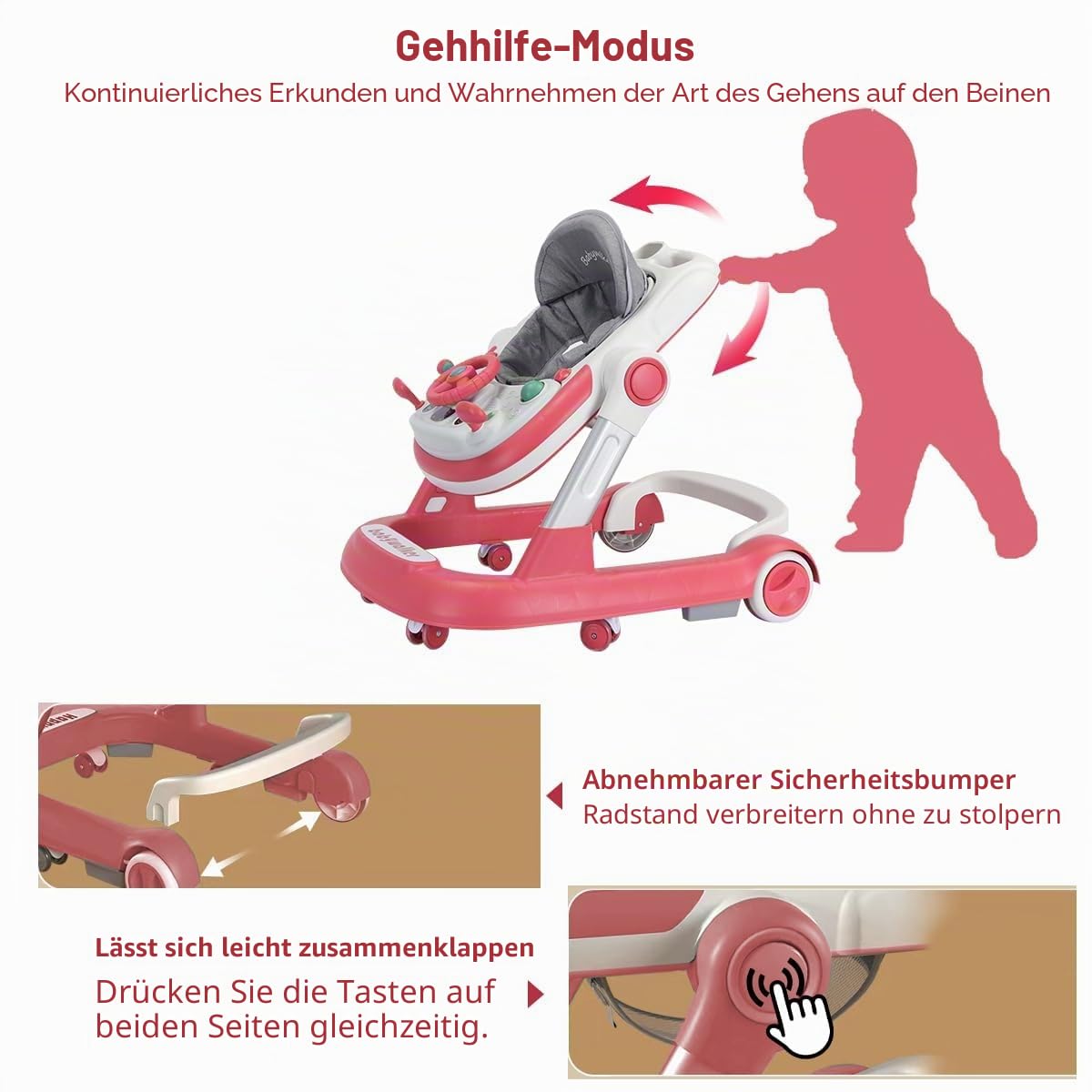 Lauflernhilfe 2-in-1: Schiebewagen für Kleinkinder mit Abnehmbarem Esstablett und Musik-Spielbrett (ohne Batterien),Faltbare Aktivitäts-Lauflernhilfe für Jungen und Mädchen von 6 bis 18 Monaten