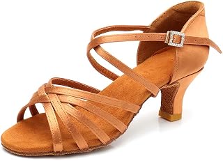 RoseMoli Women's Satin Latin Dance Shoes - Professional Salsa Ballroom Practice Performance with Suede Sole & Adjustable Straps
