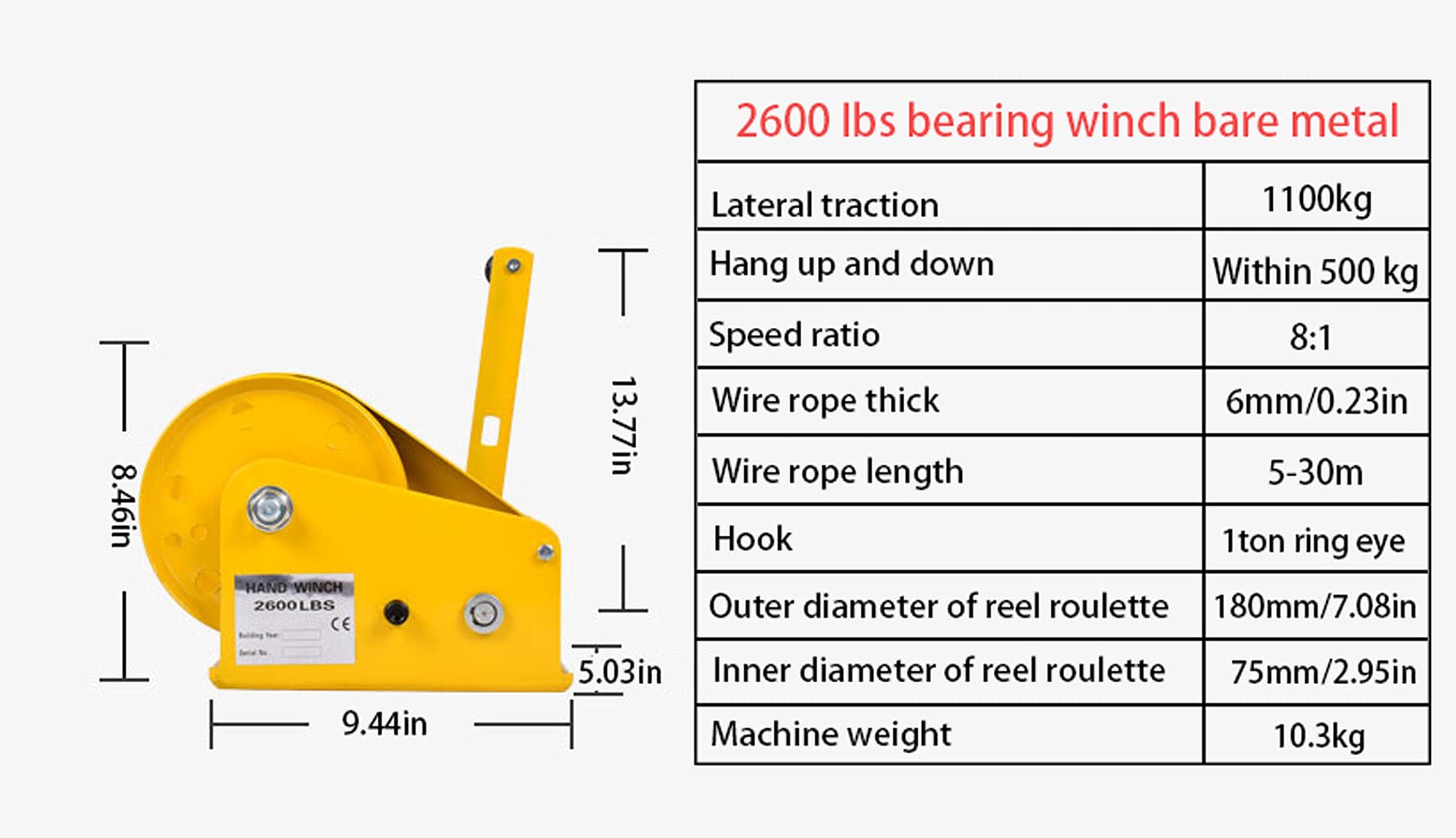 Wciągarka ręczna o dużej wytrzymałości 544.3 kg z hamulcem, stalowy kabel 20 m, do przyczep ATV, łodzi, ręczna wciągarka (pojemność 1,179.3 kg, pojemność 65 cali)