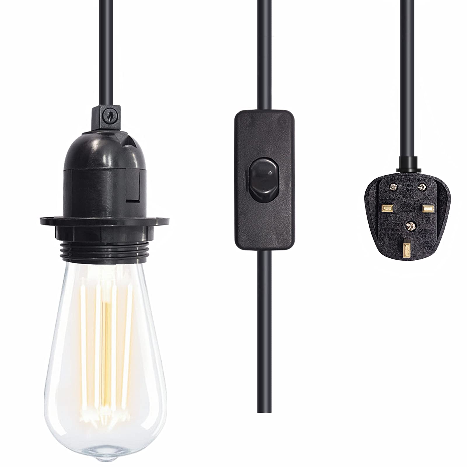 Plug in Pendant Light Cord, UK Plug Pendant Light Fitting Kit with Switch E27 Lampholder 3-Core Extension Cable for DIY Lampshade(Black, No Bulb).