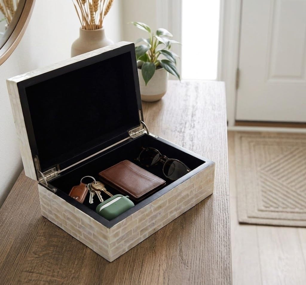 PEMAR Cajas de joyería con incrustaciones de nácar con tapas, cofre del tesoro rectangular, caja de almacenamiento decorativa de madera para bolsas de té, café, suministros de oficina, joyas,