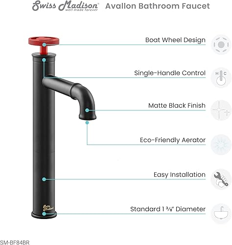 Miniatura 5 de Swiss Madison Well Made Forever SM-BF84BB, Avallon de un solo agujero, rueda de una sola manija, grifo de baño de arco alto en negro mate con asas