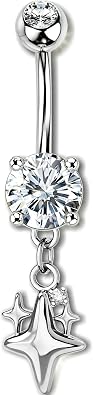 OUFER Body Piercing Belly Bar 14G 316L Stainless Steel Navel Ring Star Dangle CZ Navel Piercing Jewellery Gold/Silver 1.6mm/10mm Belly BUtton Rings for Beach Party Women