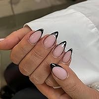 Vista 1 de Uñas postizas a presión con punta francesa negra, uñas cortas de almendra, uñas con pegamento para mujer, uñas acrílicas francesas de gel, uñas