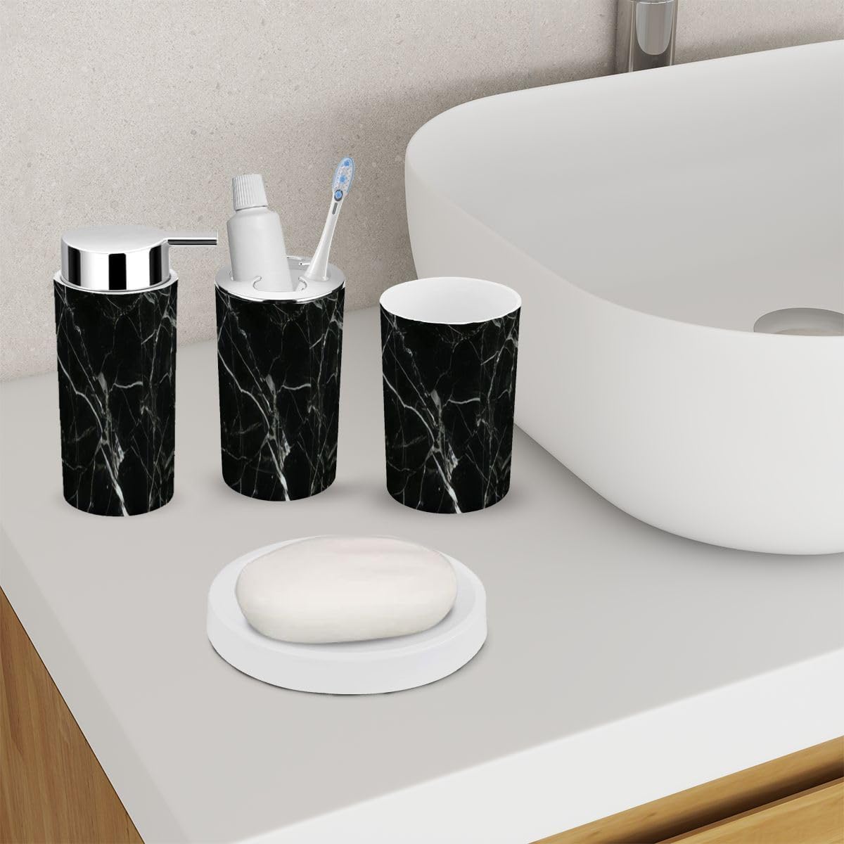 Bathroom Accessory Set 6 Piece Abstract Texture Black White Marble Gold Veins Decorative Toothbrush Holder, Toothbrush Cup, Soap Dispenser, Soap Dish, Toilet Brush Holder, Trash can for Countertop