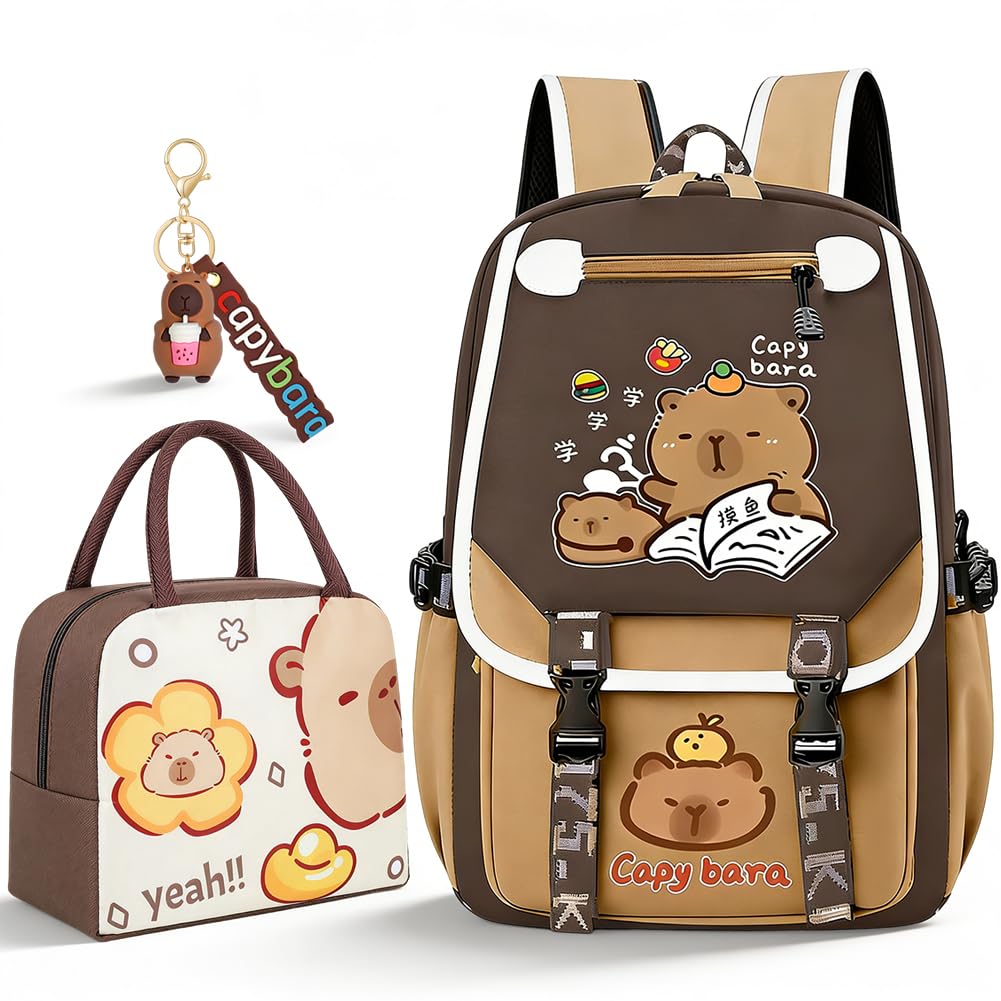 Set de mochila Capybara con bolsa de almuerzo y llavero, mochilas infantiles, mochila escolar, mochila para libros, artículos escolares, regalo para niño, niña, instituto 46x29x16cm