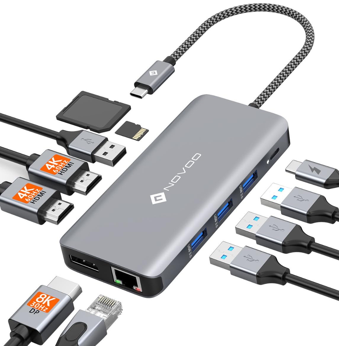 NOVOO Docking Station 4K@60Hz Triple Display USB C Hub Dual HDMI mit 4K@120Hz DisplayPort Multiport Adapter, 2 HDMI 4K@60Hz,Gigabit Ethernet,100WPD,SD/TF,4xUSB für MacBook, andere USB C Laptops