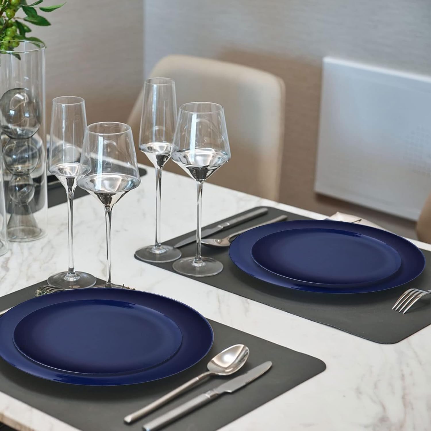 PULOTE 100PCS Blue Plastic Plates - Heavy Duty Navy Blue Disposable - Include 50PCS 10.25inch Dinner & 50PCS 7.5 inch Dessert/Salad Plates - Ideal for Party & Labor Day - Image 6