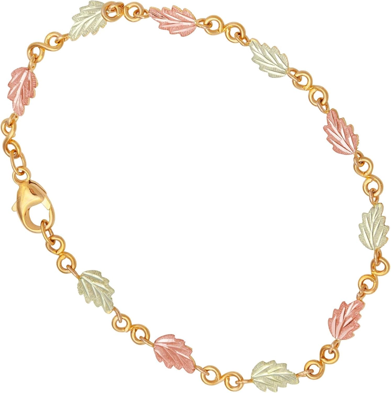 10k Yellow Gold Black Hills Gold Grape Leaf Link Bracelet for Women, 12k Green and Rose Gold Tri-Color Leaf Bracelet, 7.25 Inch Elegant Nature Inspired Fine Jewelry