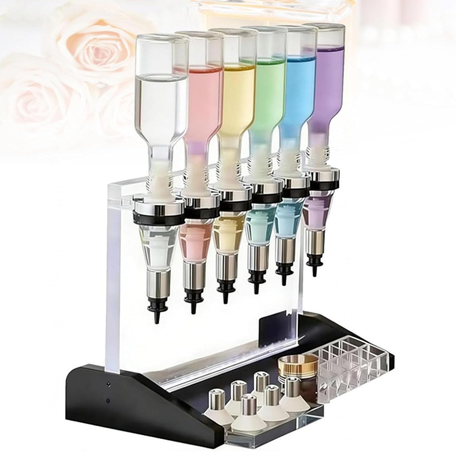 Ręczny dozownik perfum, do montażu na biurku, urządzenie do napełniania perfumami na 6/8 butelek, z 6 głowicami pompki, 6/8 kubków do testowania zapachu, pojemność każdej butelki 6Heads-375ML