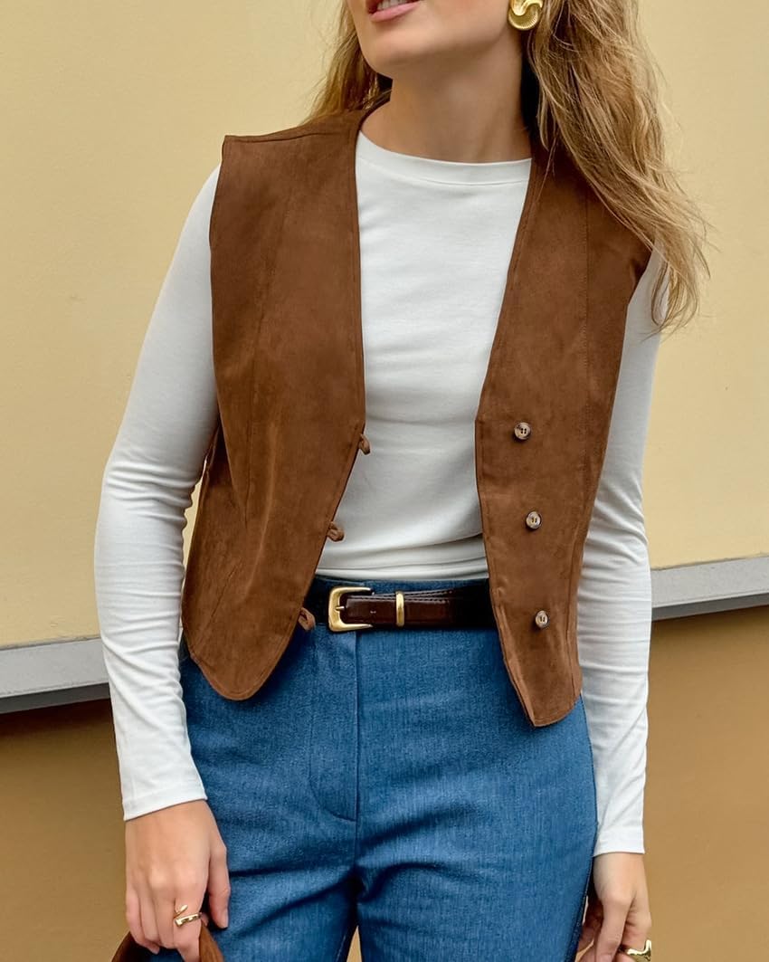 utcoco Women's Faux Suede Vest Fall Vintage Button Down V Neck Sleeveless Cropped Waistcoat for Layering
